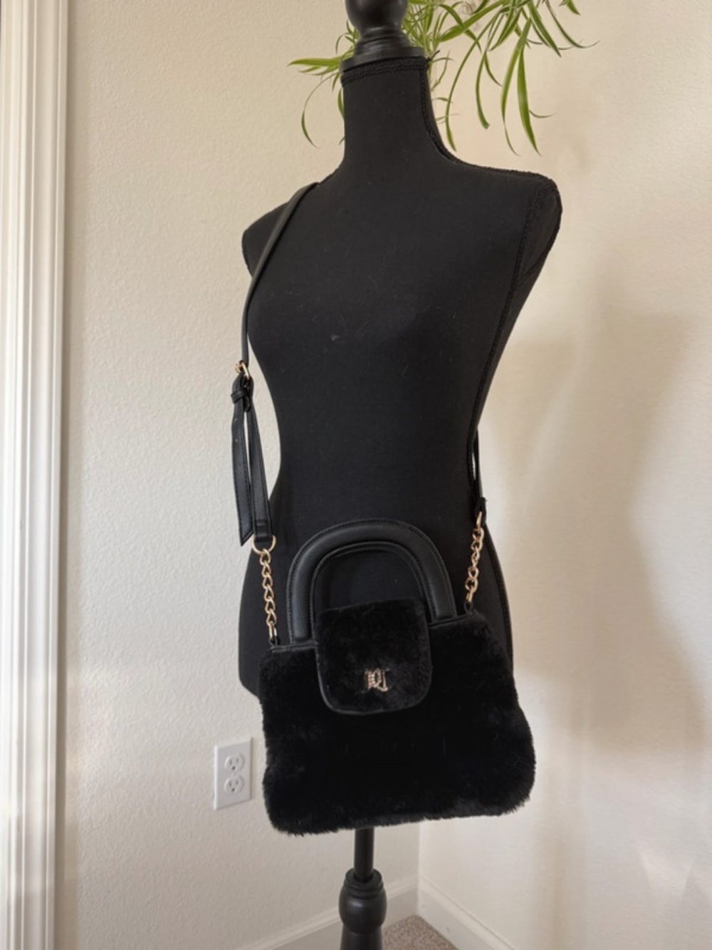Juicy Couture JC Mini Black Faux Fur Crossbody Tote Bag Gold Chain Accent Purse